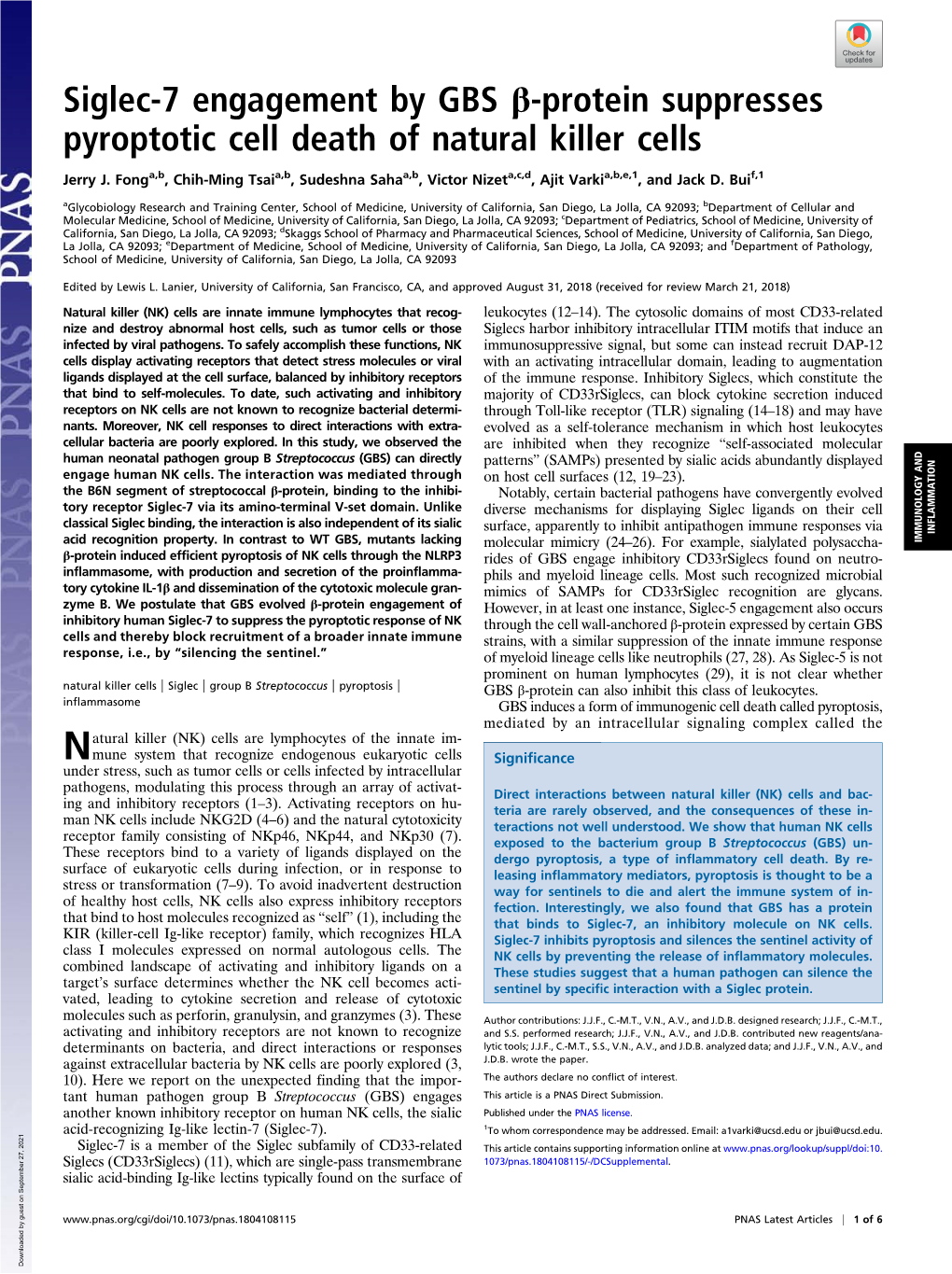 Siglec-7 Engagement by GBS Β-Protein Suppresses Pyroptotic Cell Death of Natural Killer Cells