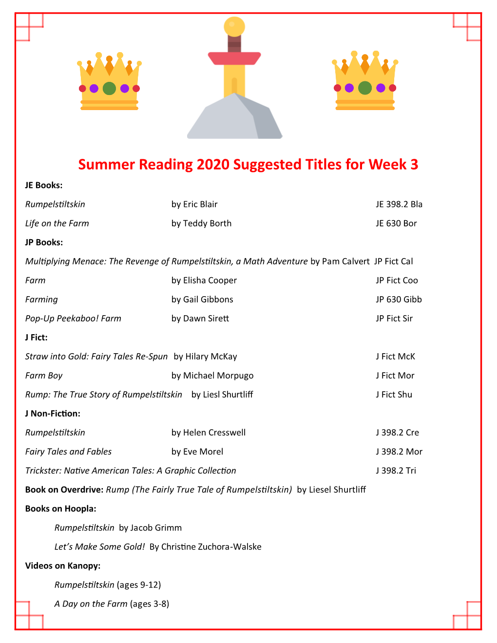 Summer Reading 2020 Suggested Titles for Week 3