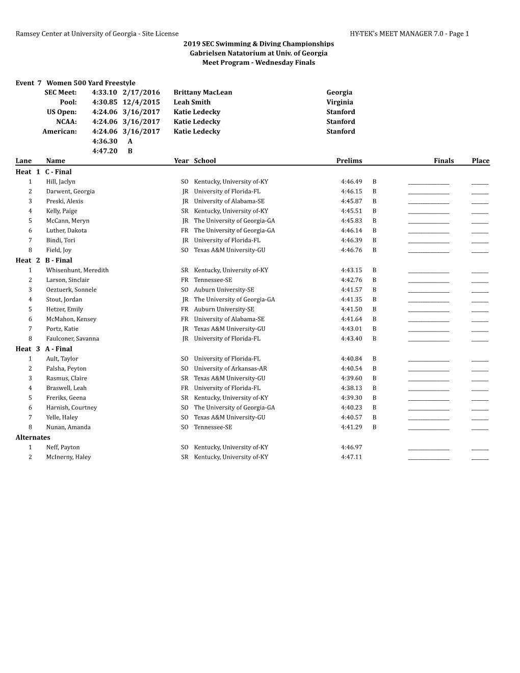 Ramsey Center at University of Georgia - Site License HY-TEK's MEET MANAGER 7.0 - Page 1 2019 SEC Swimming & Diving Championships Gabrielsen Natatorium at Univ