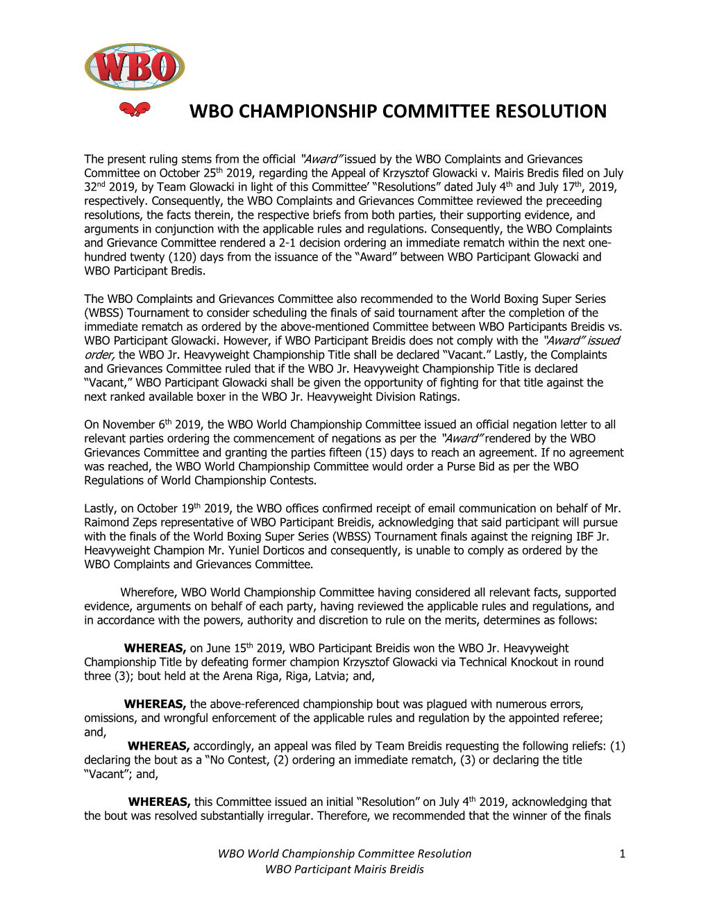 Wbo Championship Committee Resolution