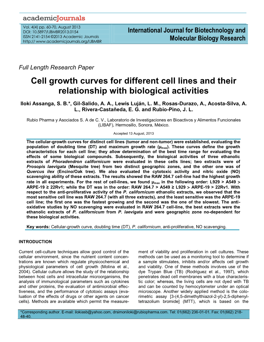 Cell Growth Curves for Different Cell Lines and Their Relationship with Biological Activities