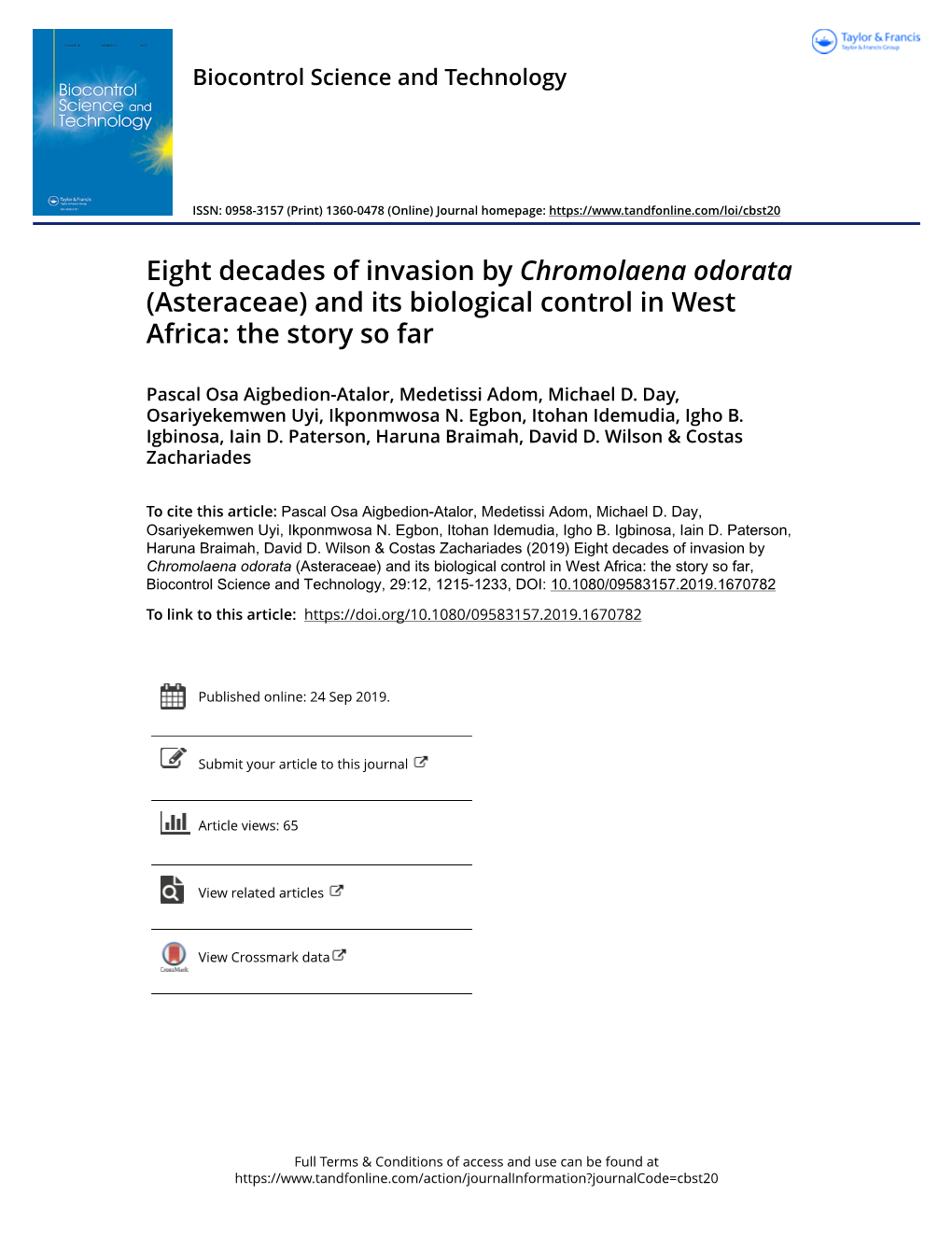 (Asteraceae) and Its Biological Control in West Africa: the Story So Far