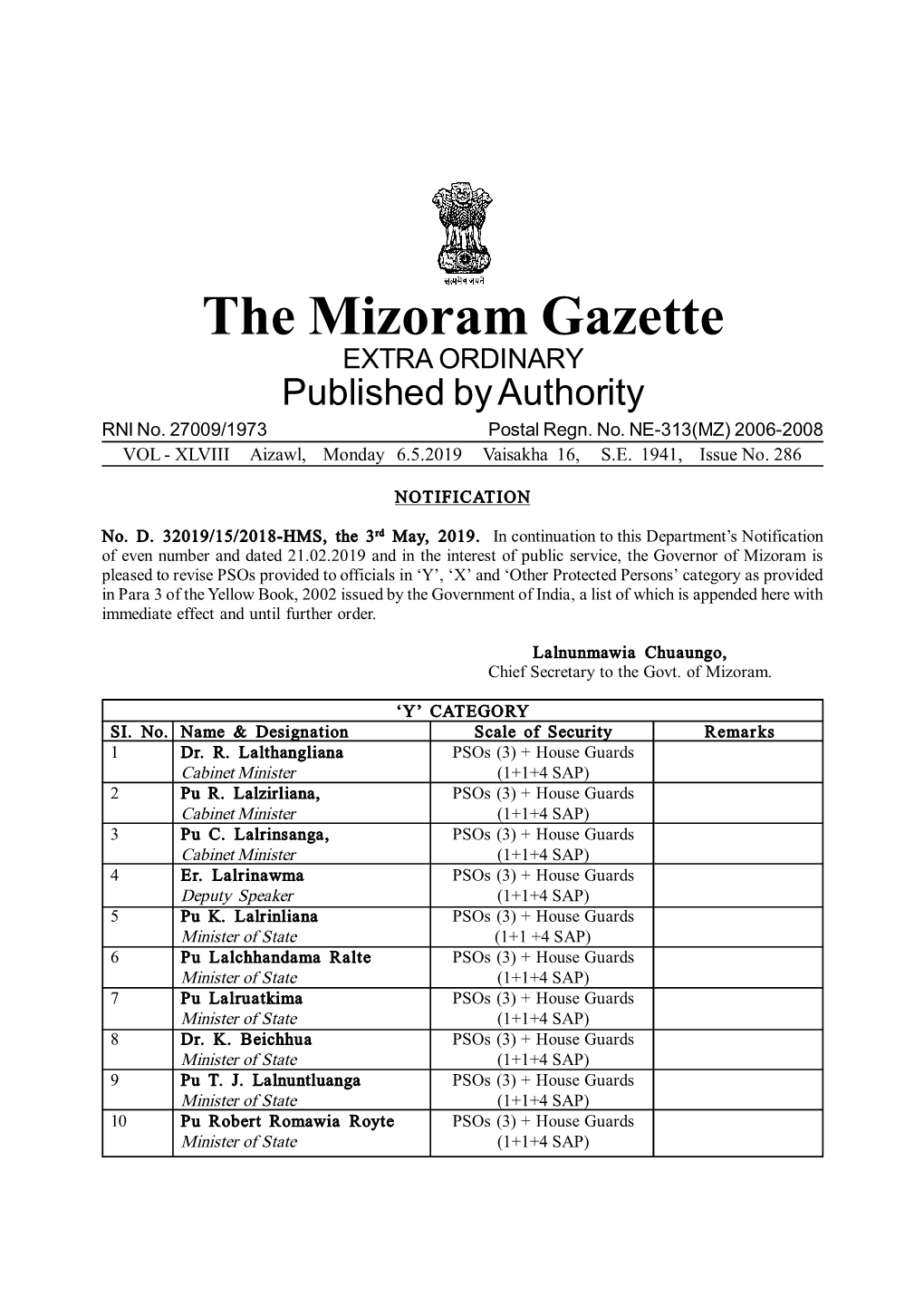 The Mizoram Gazette EXTRA ORDINARY Published by Authority RNI No
