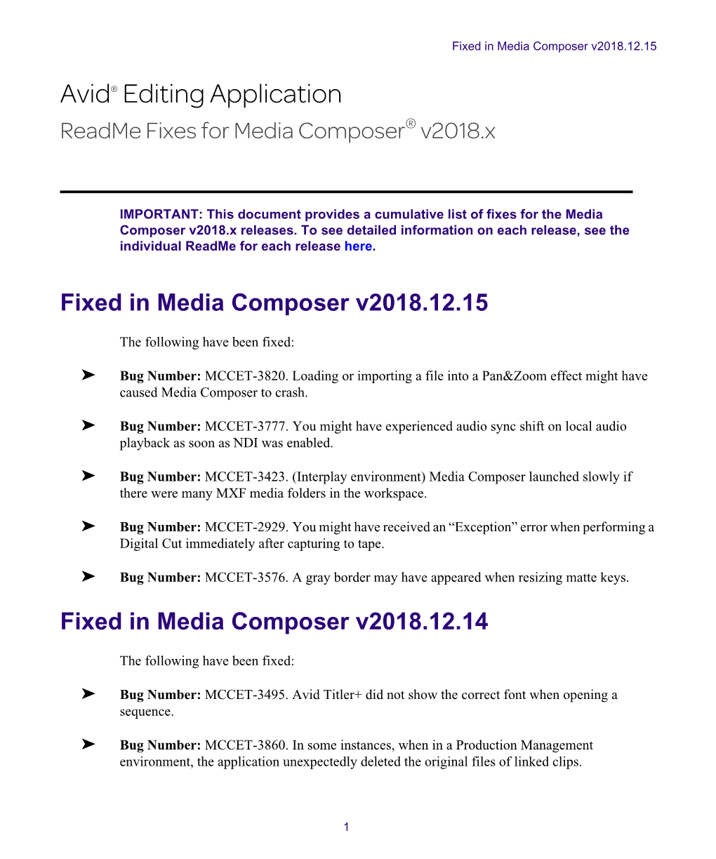 Avid® Editing Application Readme Fixes for Media Composer® V2018.X