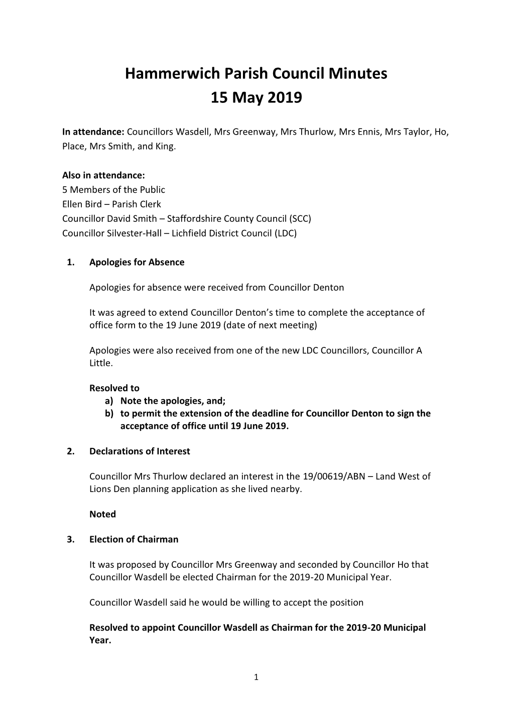 Hammerwich Parish Council Minutes 15 May 2019