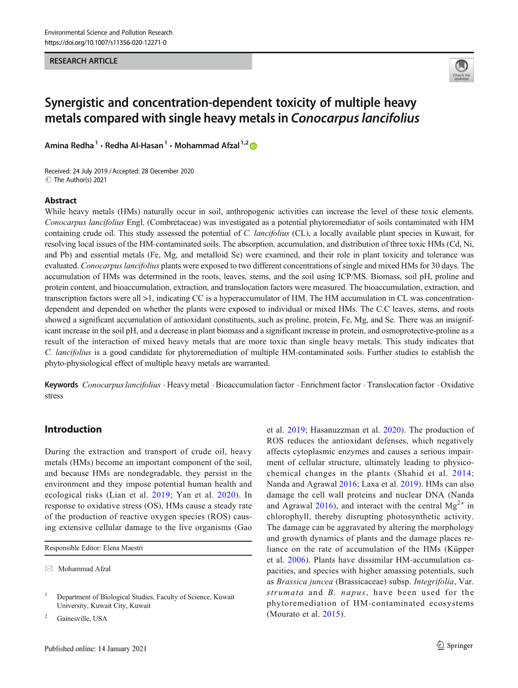 Synergistic and Concentration-Dependent Toxicity of Multiple Heavy Metals Compared with Single Heavy Metals in Conocarpus Lancifolius