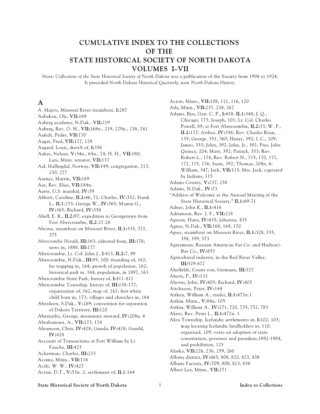 Cumulative Index to the Collections of the State Historical Society of North