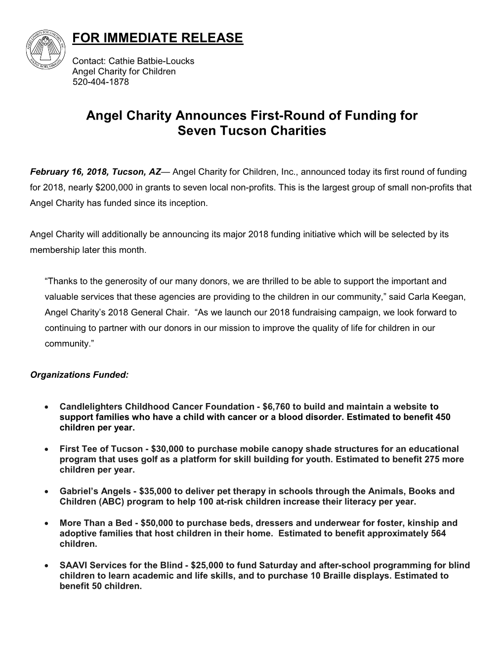 Angel Charity Announces First-Round of Funding for Seven Tucson Charities