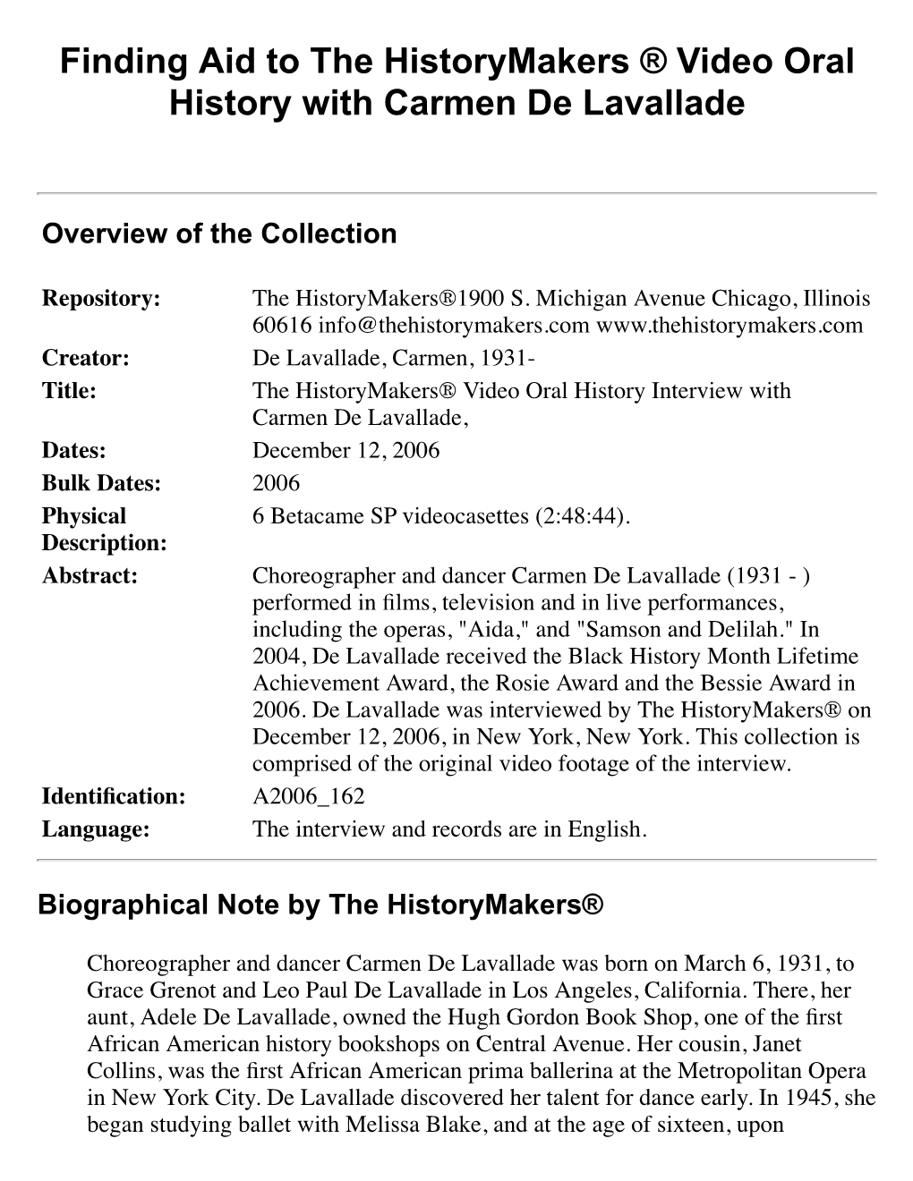Finding Aid to the Historymakers ® Video Oral History with Carmen De Lavallade