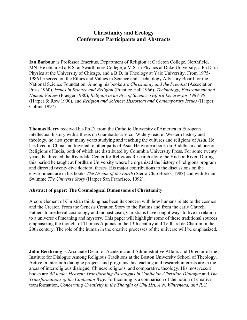 Christianity and Ecology Conference Participants and Abstracts