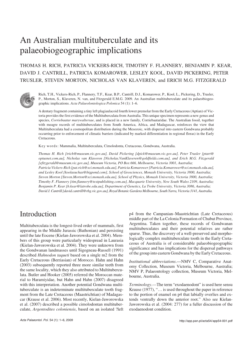 An Australian Multituberculate and Its Palaeobiogeographic Implications