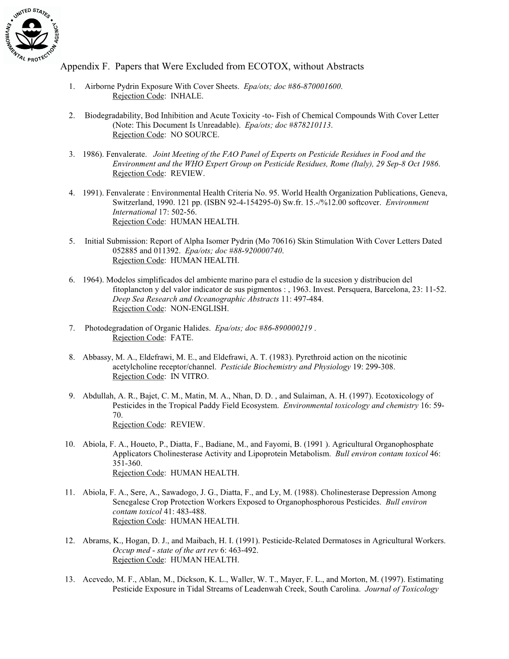 Appendix F. Papers That Were Excluded from ECOTOX, Without Abstracts