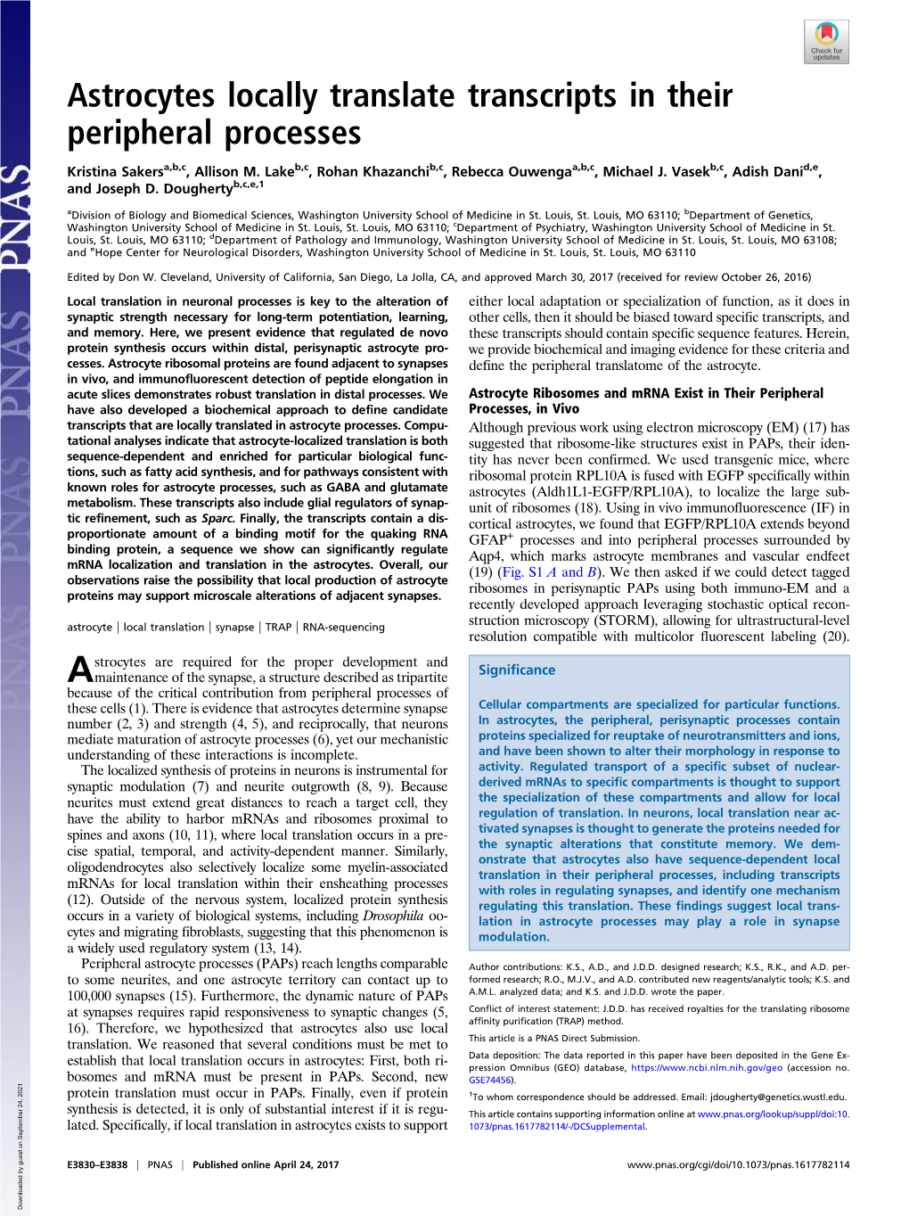 Astrocytes Locally Translate Transcripts in Their Peripheral Processes