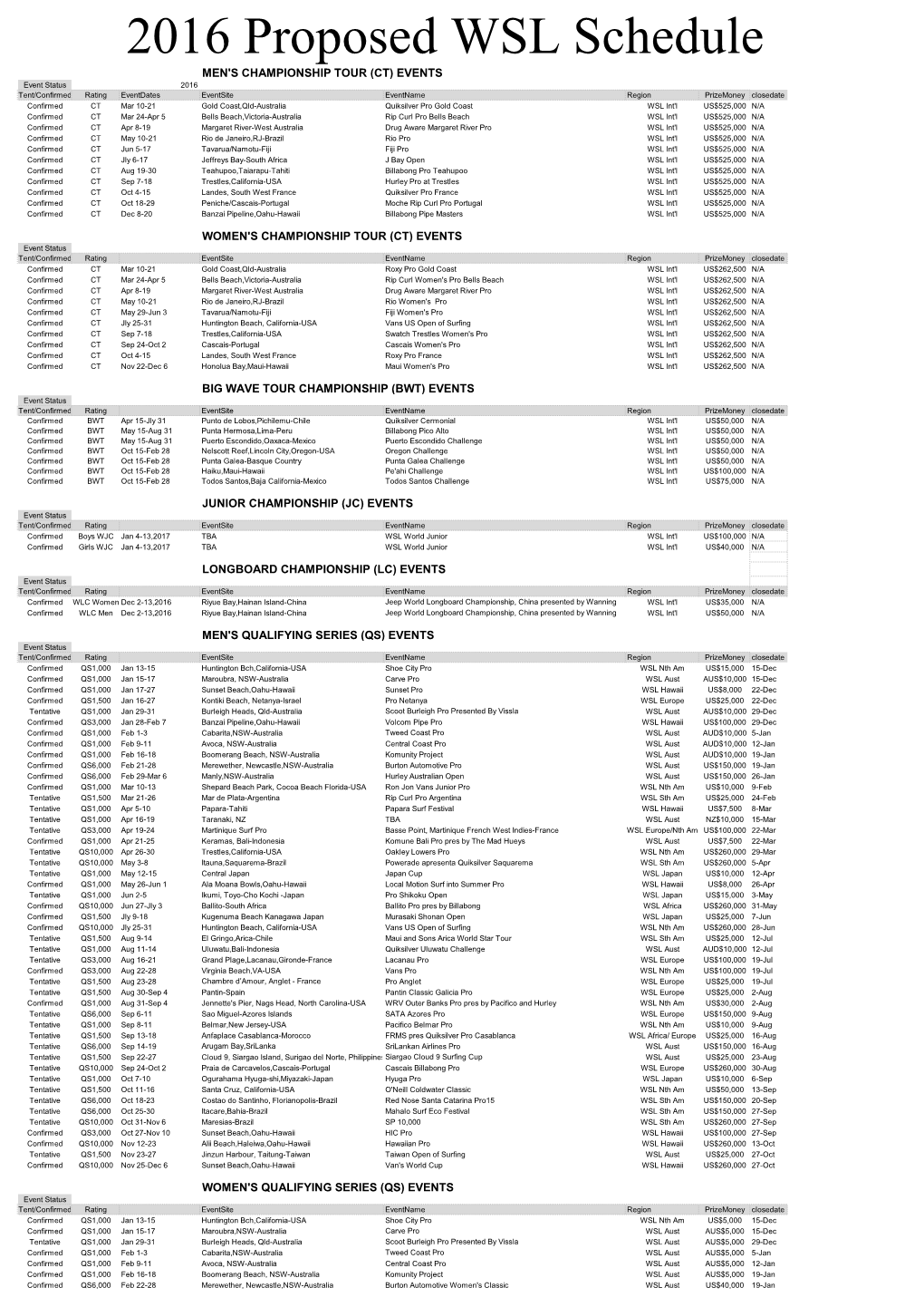 2016 Proposed WSL Schedule