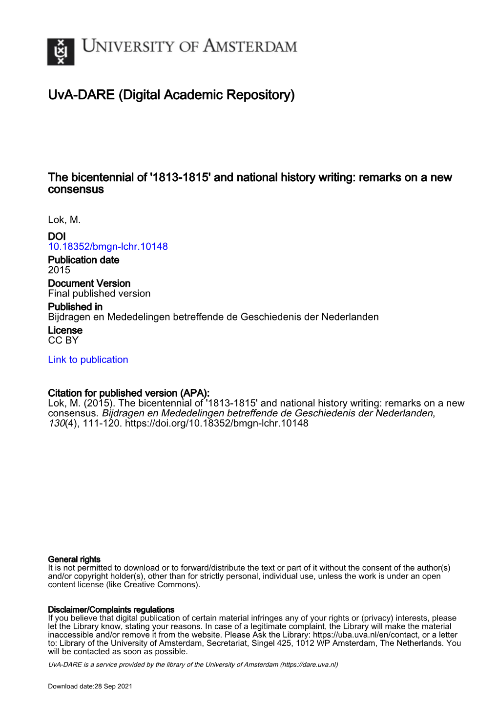 The Bicentennial of '1813-1815' and National History Writing: Remarks on a New Consensus