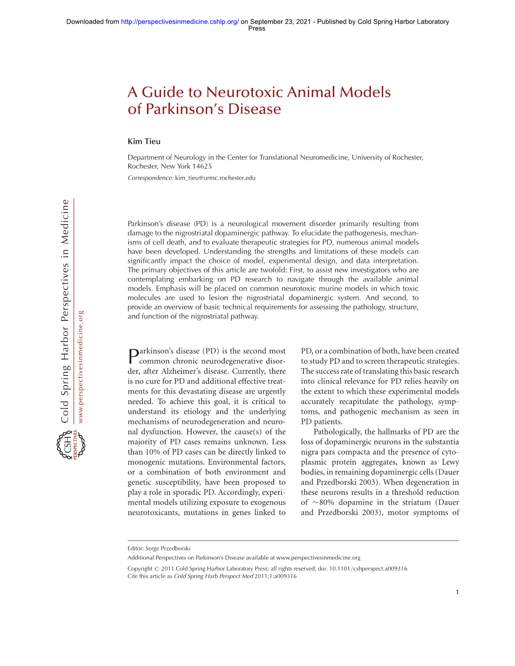 A Guide to Neurotoxic Animal Models of Parkinson's Disease