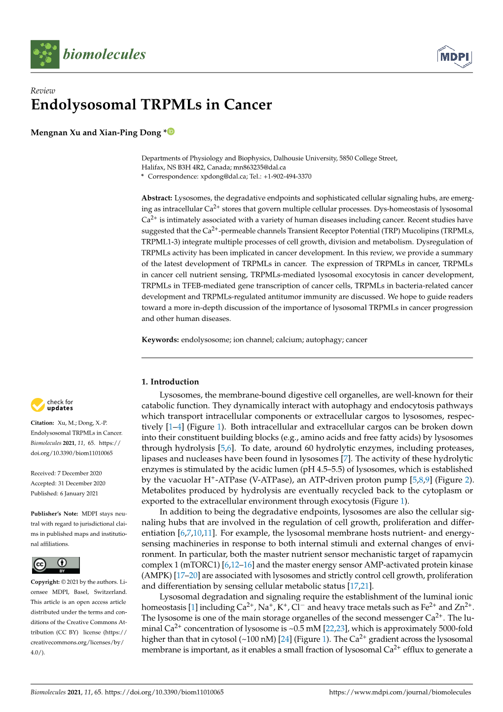 Endolysosomal Trpmls in Cancer