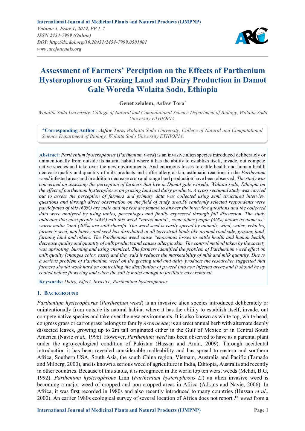 Assessment of Farmers' Perciption on the Effects of Parthenium