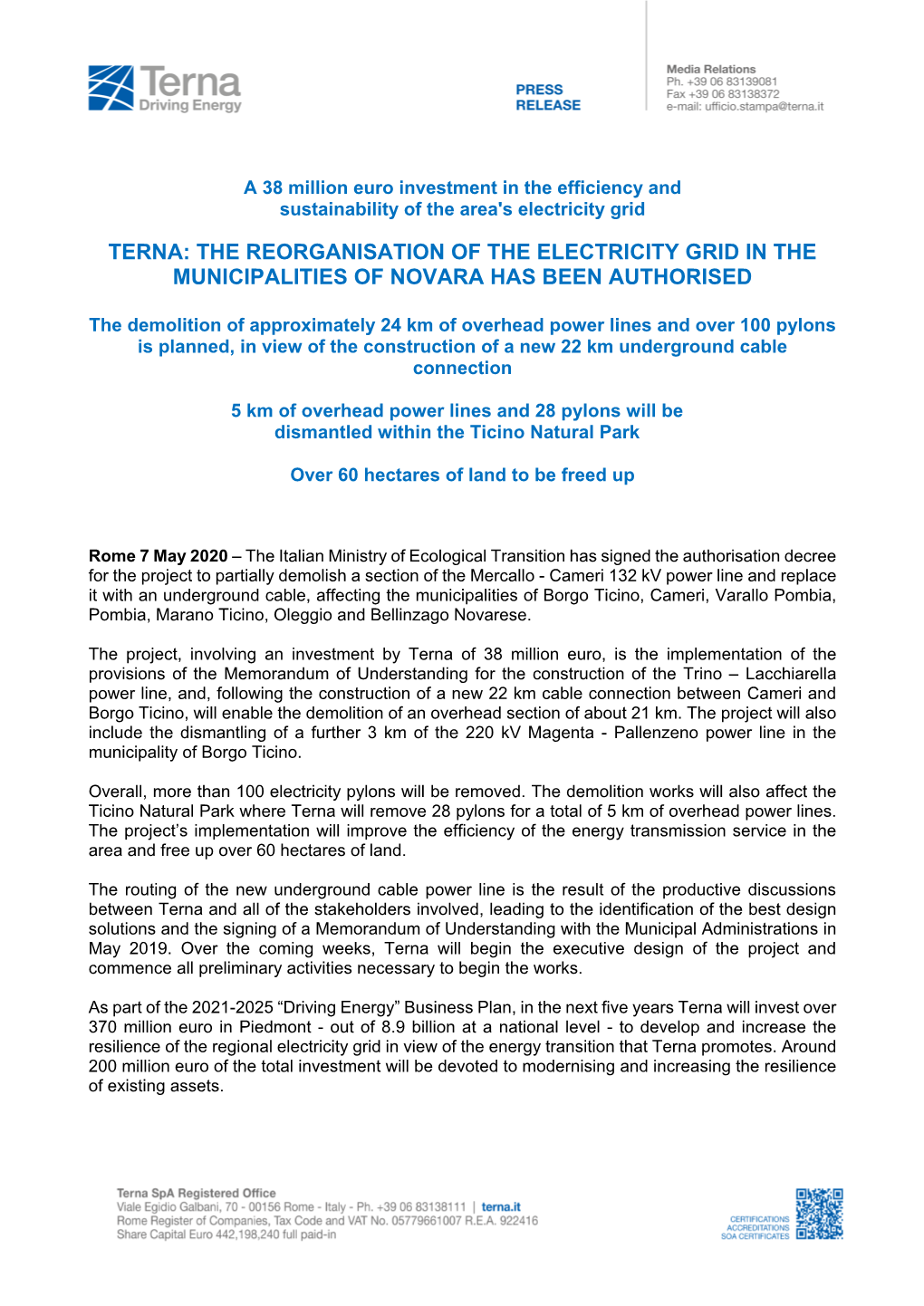 Terna: the Reorganisation of the Electricity Grid in the Municipalities of Novara Has Been Authorised