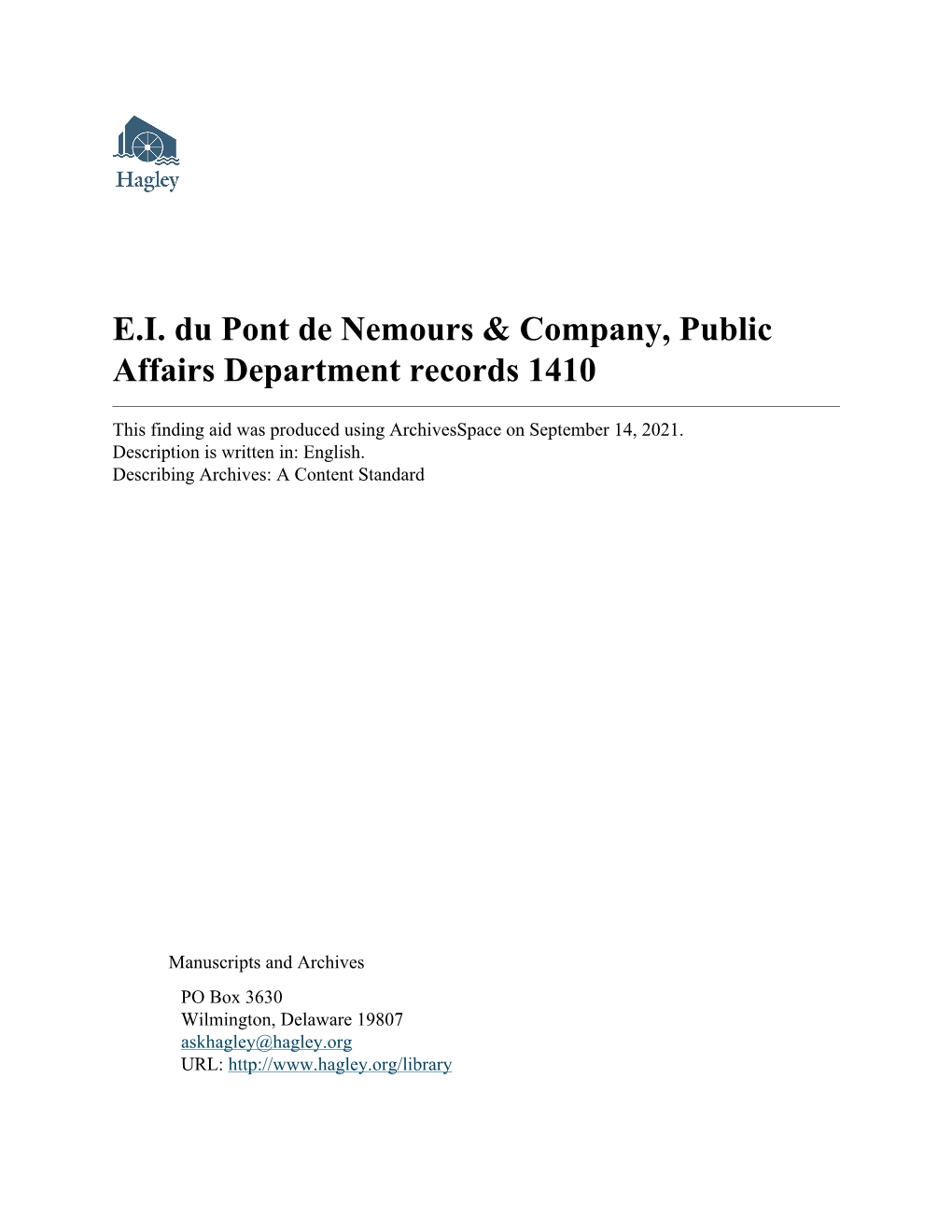 E.I. Du Pont De Nemours & Company, Public Affairs Department Records