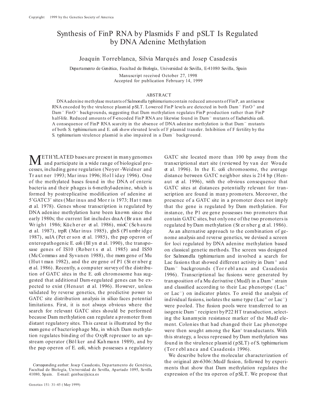 Synthesis of Finp RNA by Plasmids F and Pslt Is Regulated by DNA Adenine Methylation