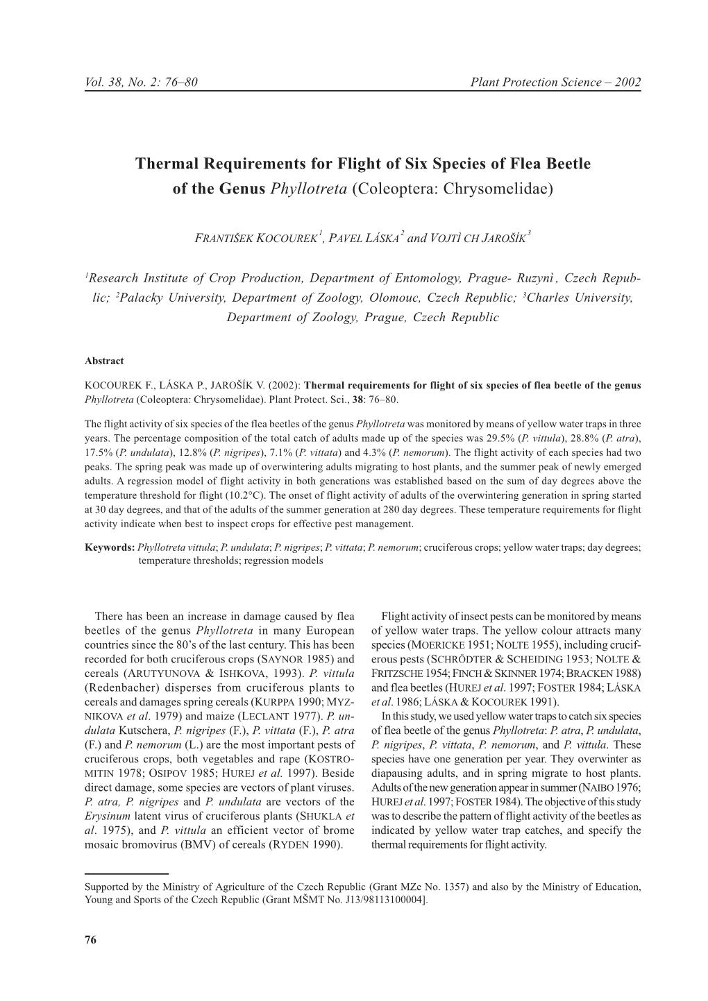 Thermal Requirements for Flight of Six Species of Flea Beetle of the Genus Phyllotreta (Coleoptera: Chrysomelidae)
