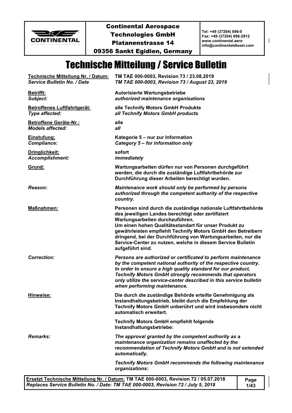 Technische Mitteilung / Service Bulletin