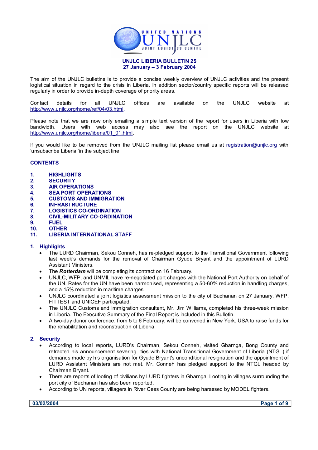 UNJLC LIBERIA BULLETIN 25 27 January – 3 February 2004