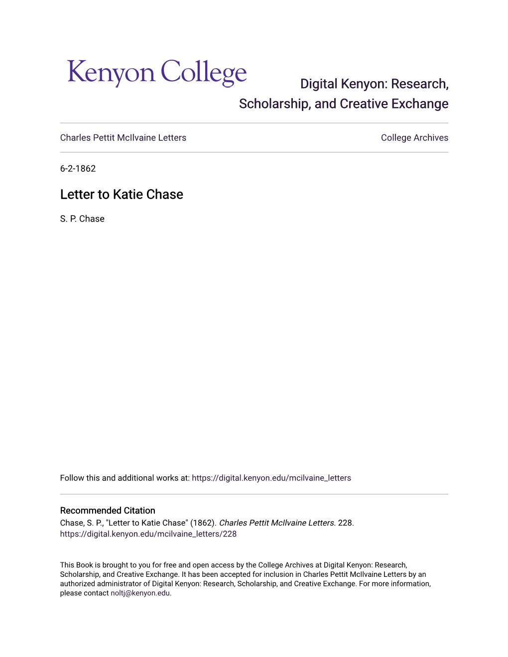 Letter to Katie Chase