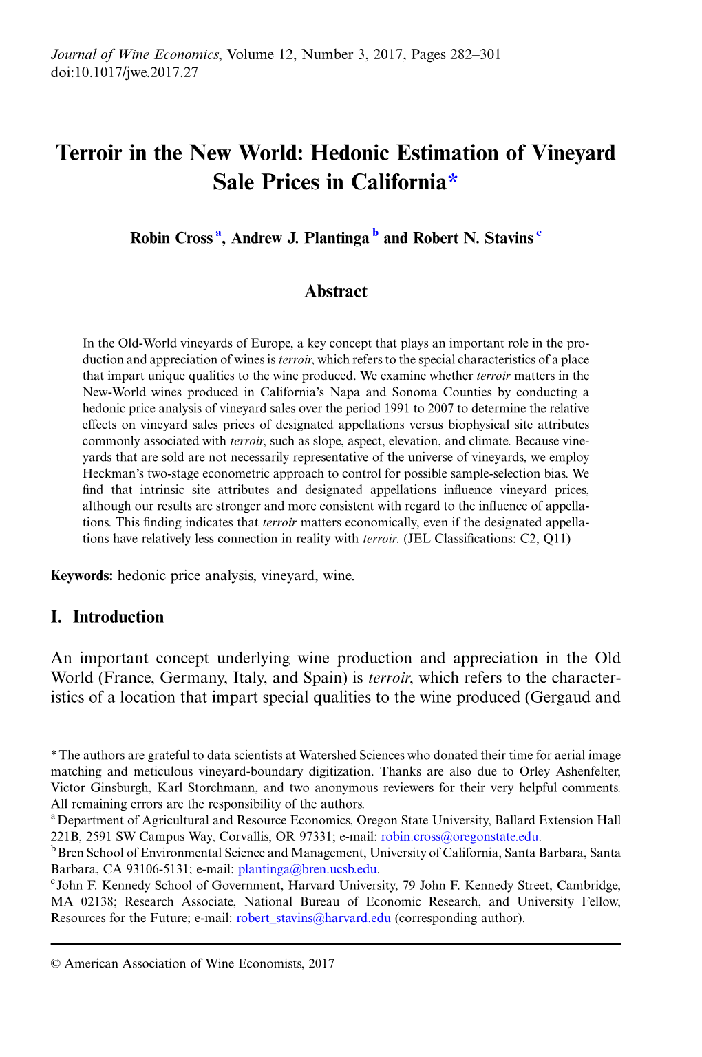 Terroir in the New World: Hedonic Estimation of Vineyard Sale Prices in California*