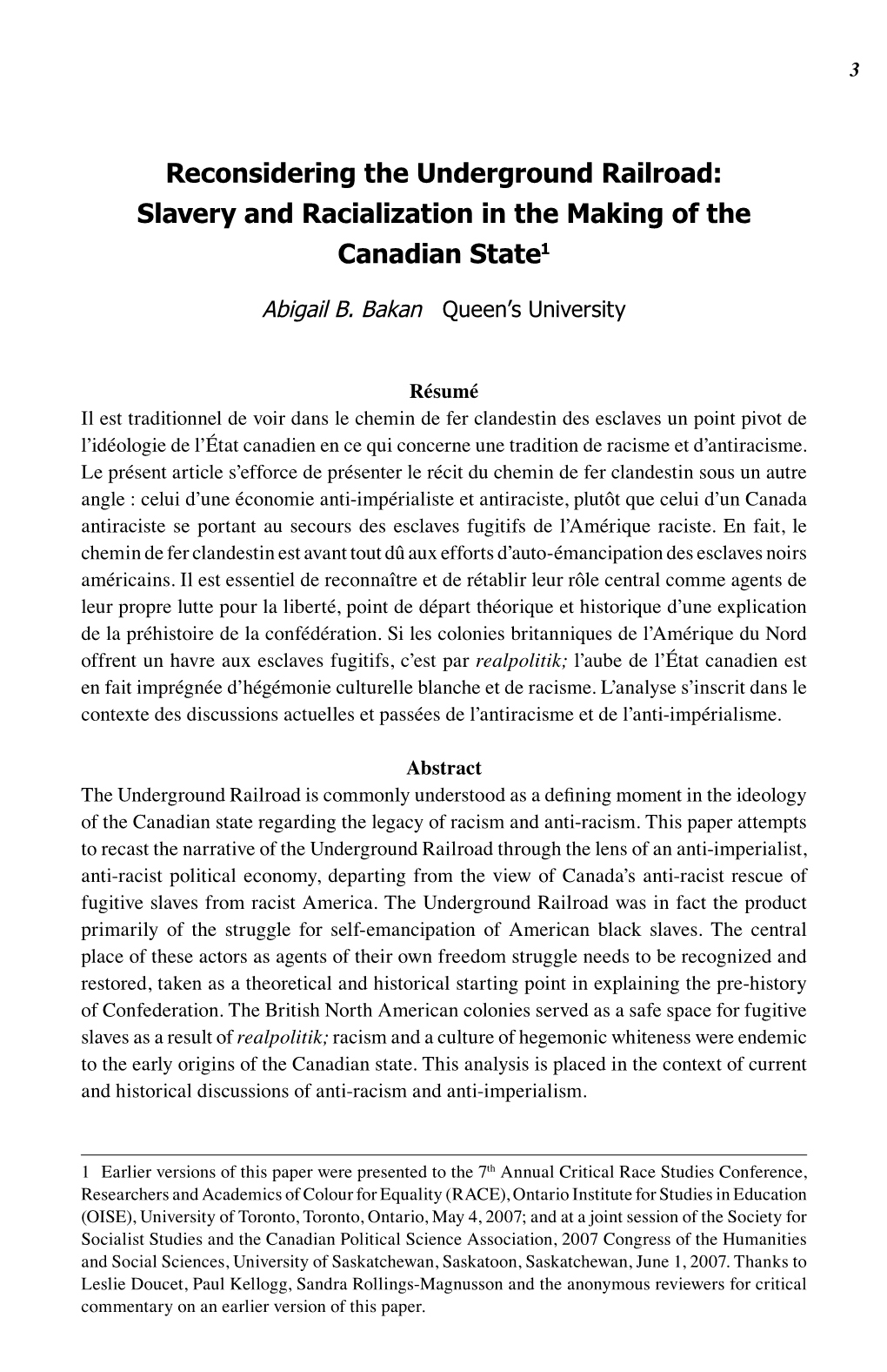 Reconsidering the Underground Railroad: Slavery and Racialization in the Making of the Canadian State