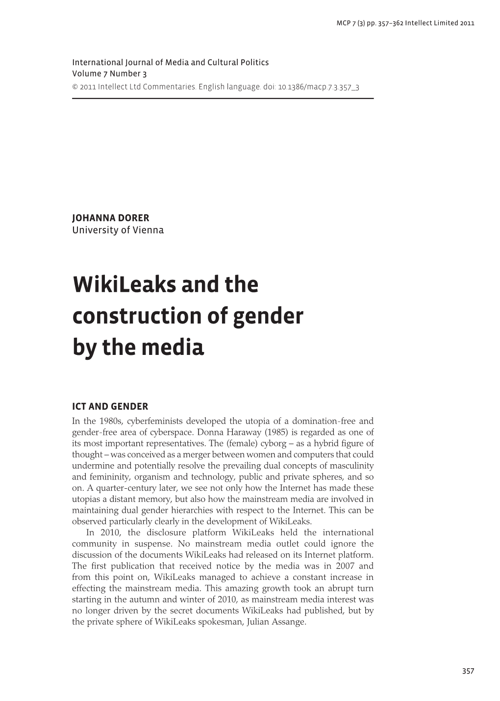 Wikileaks and the Construction of Gender by the Media