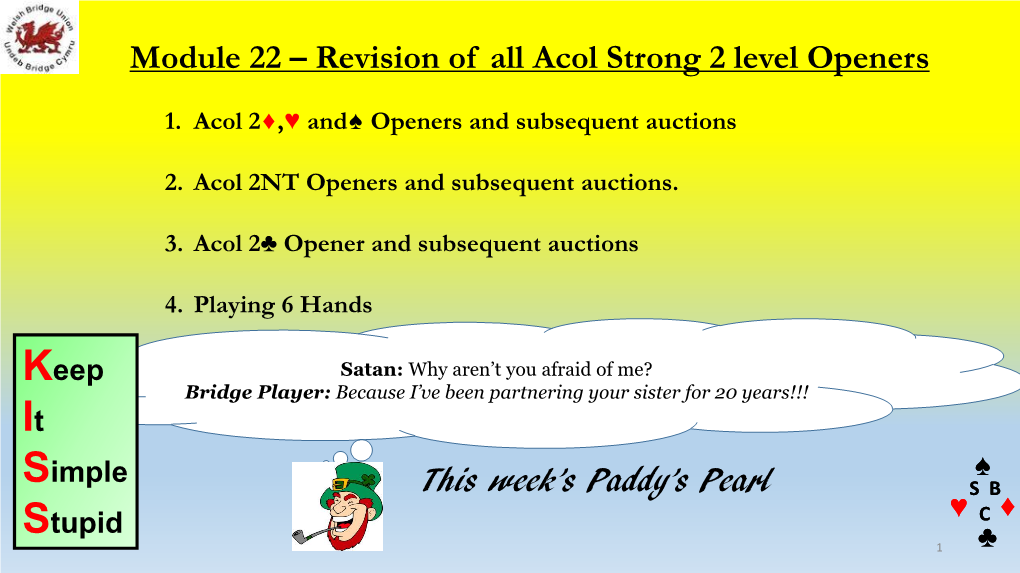 Module 22 – Revision of All Acol Strong 2 Level Openers