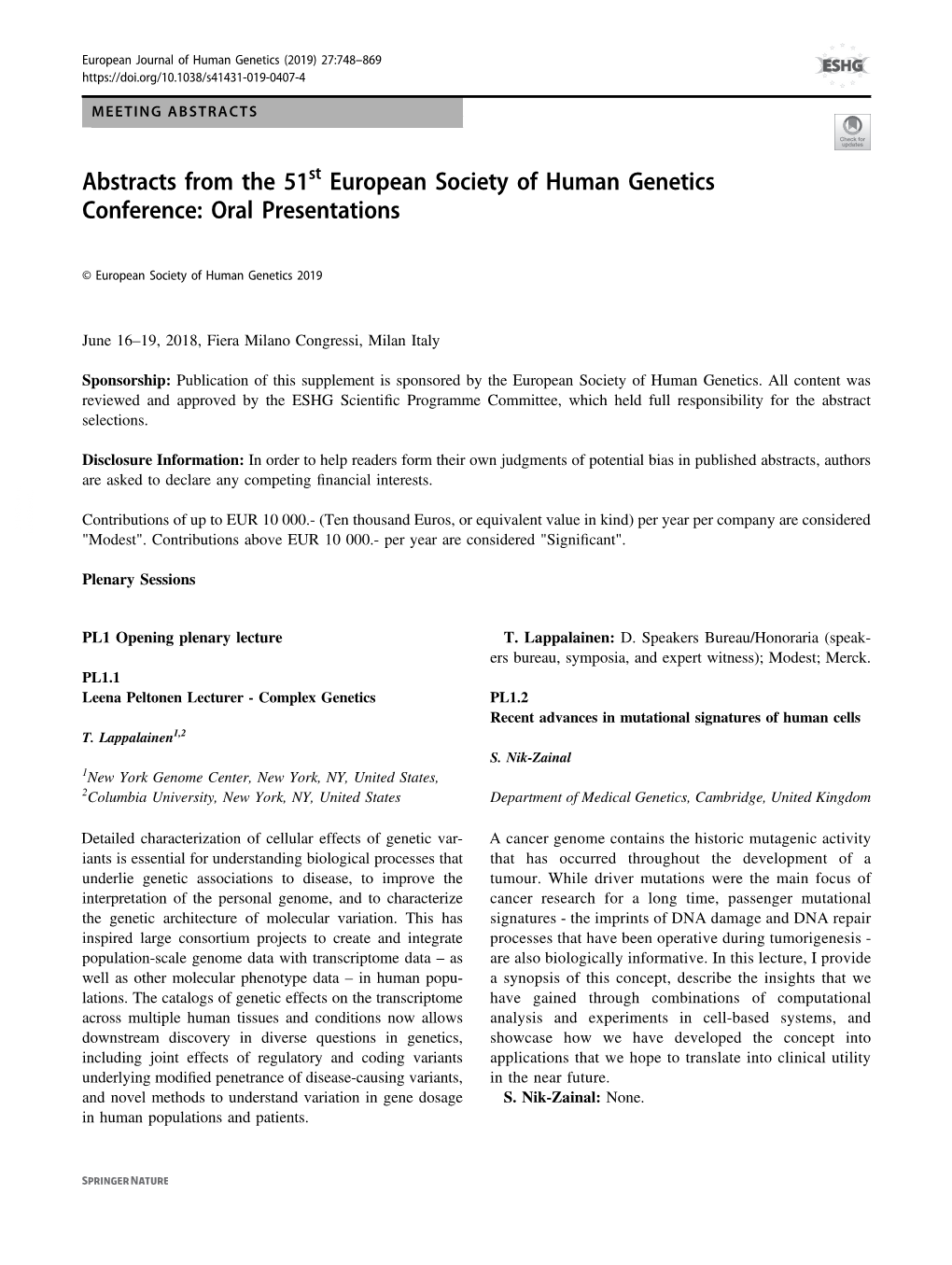 Abstracts from the 51St European Society of Human Genetics Conference: Oral Presentations