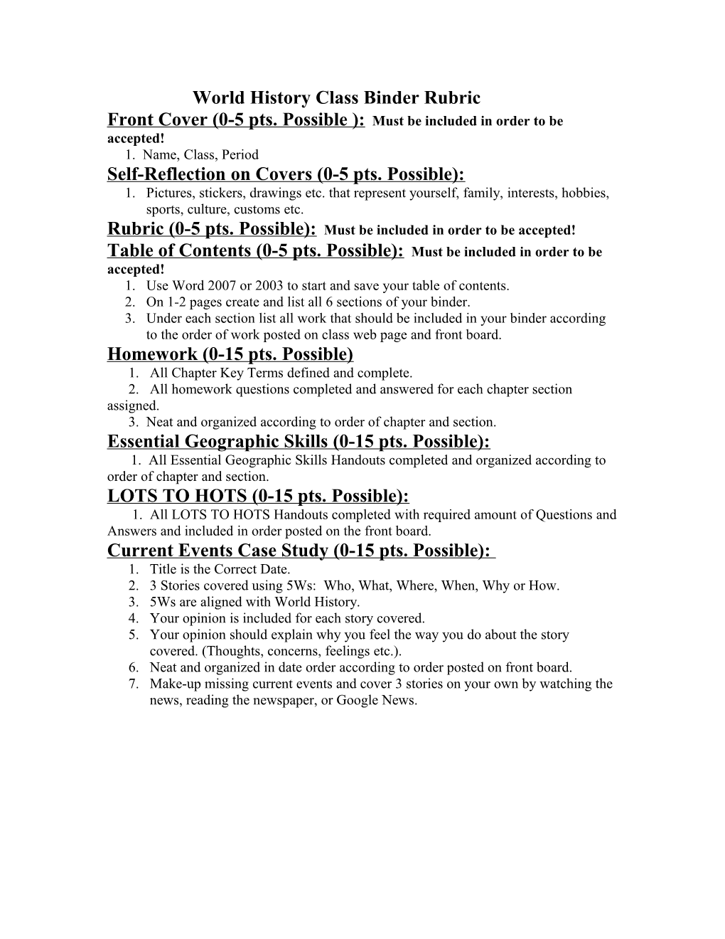 AP Human Geography Class Binder Grading Rubric