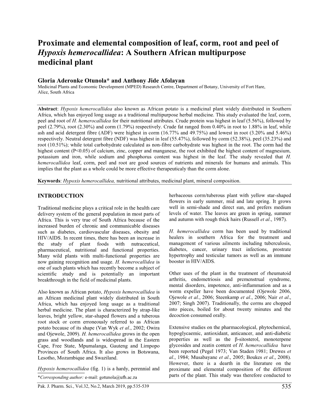 Proximate and Elemental Composition of Leaf, Corm, Root and Peel of Hypoxis Hemerocallidea: a Southern African Multipurpose Medicinal Plant