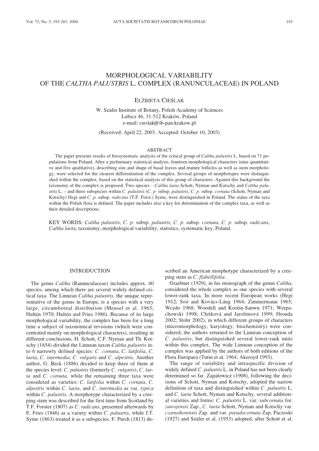 Morphological Variability of the Caltha Palustris L