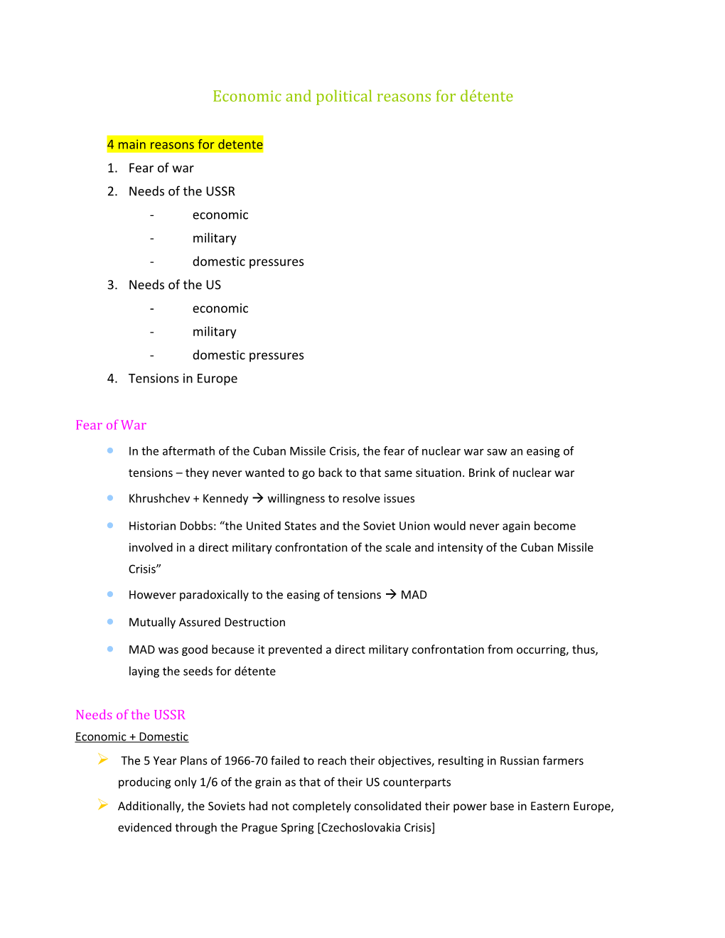 Economic and Political Reasons for Détente