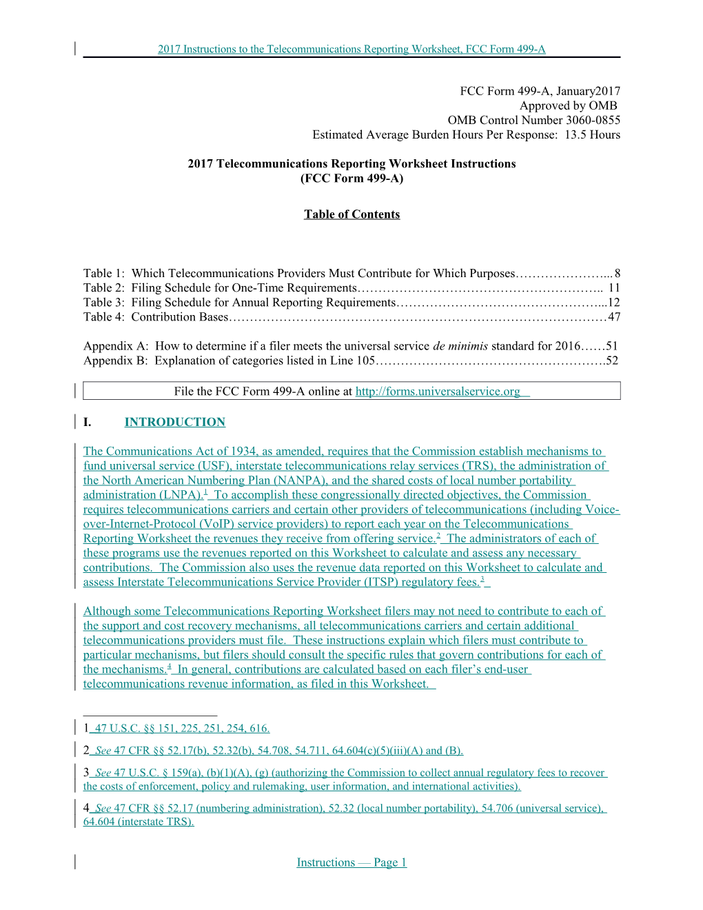 2017 Instructions to the Telecommunications Reporting Worksheet, FCC Form 499-A