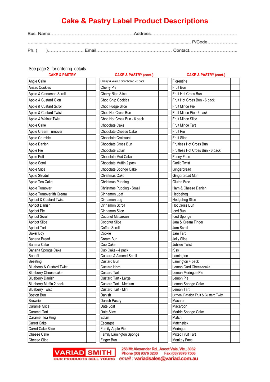 Cake & Pastry Label Product Descriptions