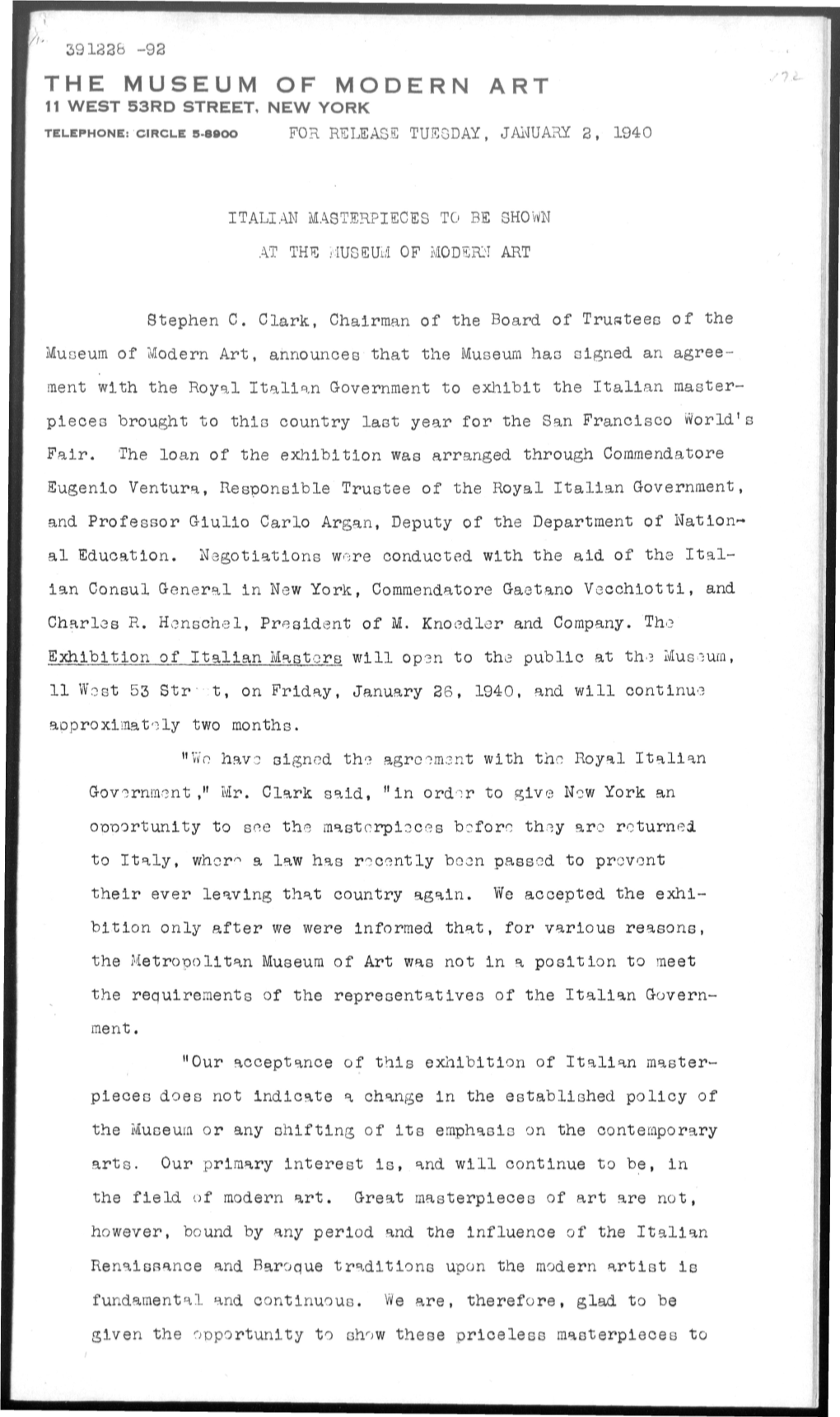 The Museum of Modern Art 11 West 53Rd Street, New York Telephone: Circle 5-8900 for Release Tuesday, January 3, 1940