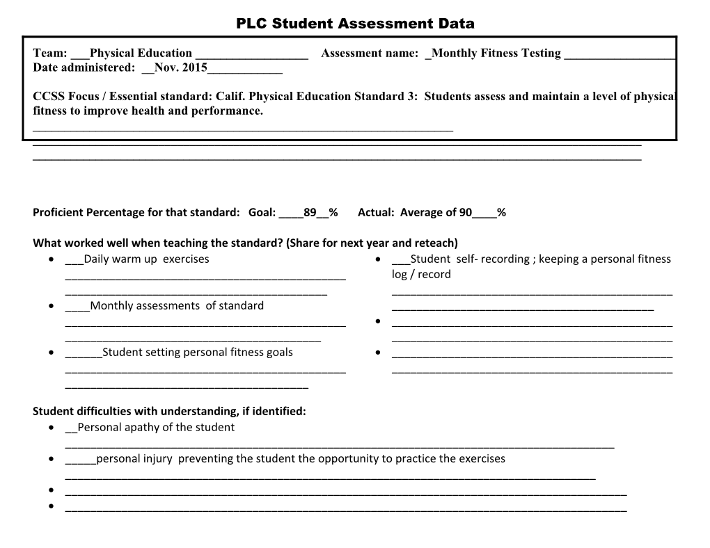 PLC Student Assessment Data