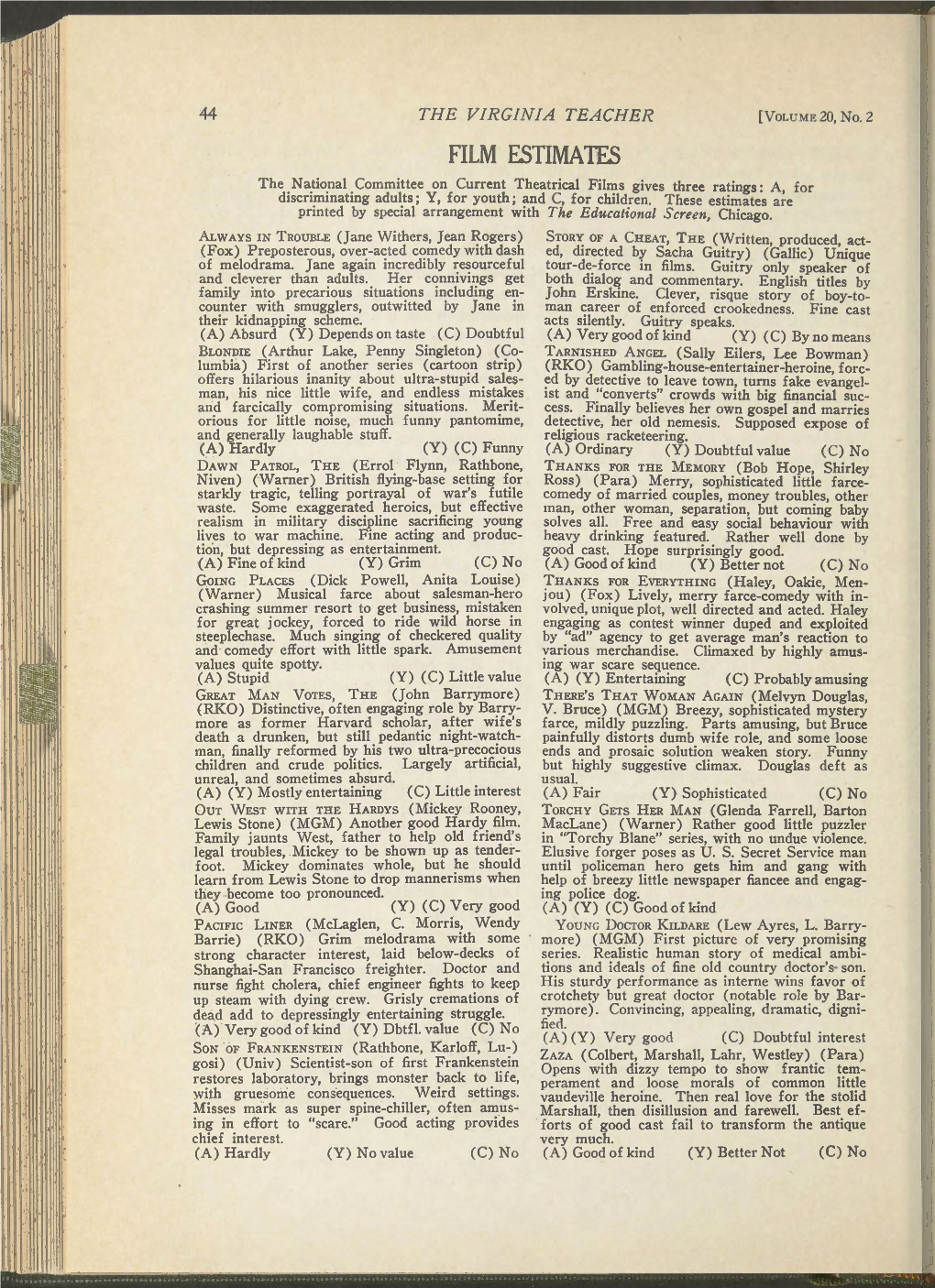 FILM ESTIMATES the National Committee on Current Theatrical Films Gives Three Ratings: A, for Discriminating Adults; Y, for Youth; and C, for Children