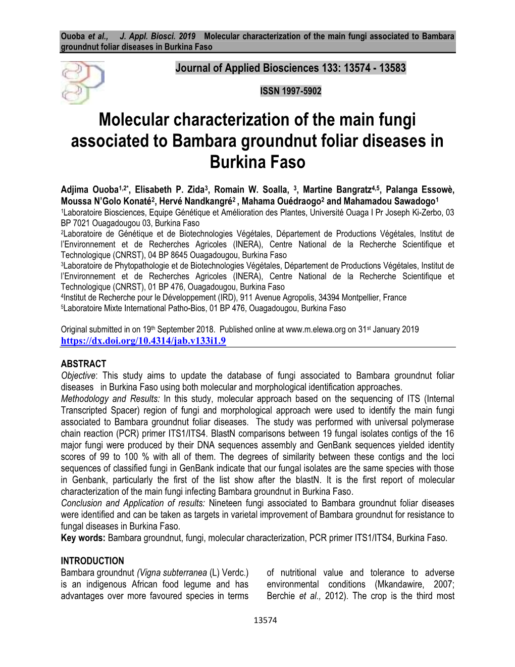 Molecular Characterization of the Main Fungi Associated to Bambara Groundnut Foliar Diseases in Burkina Faso Journal of Applied Biosciences 133: 13574 - 13583
