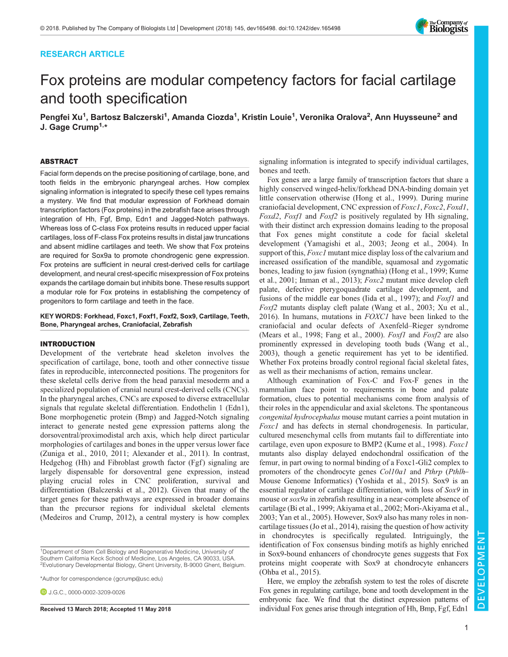 Fox Proteins Are Modular Competency Factors for Facial Cartilage and Tooth