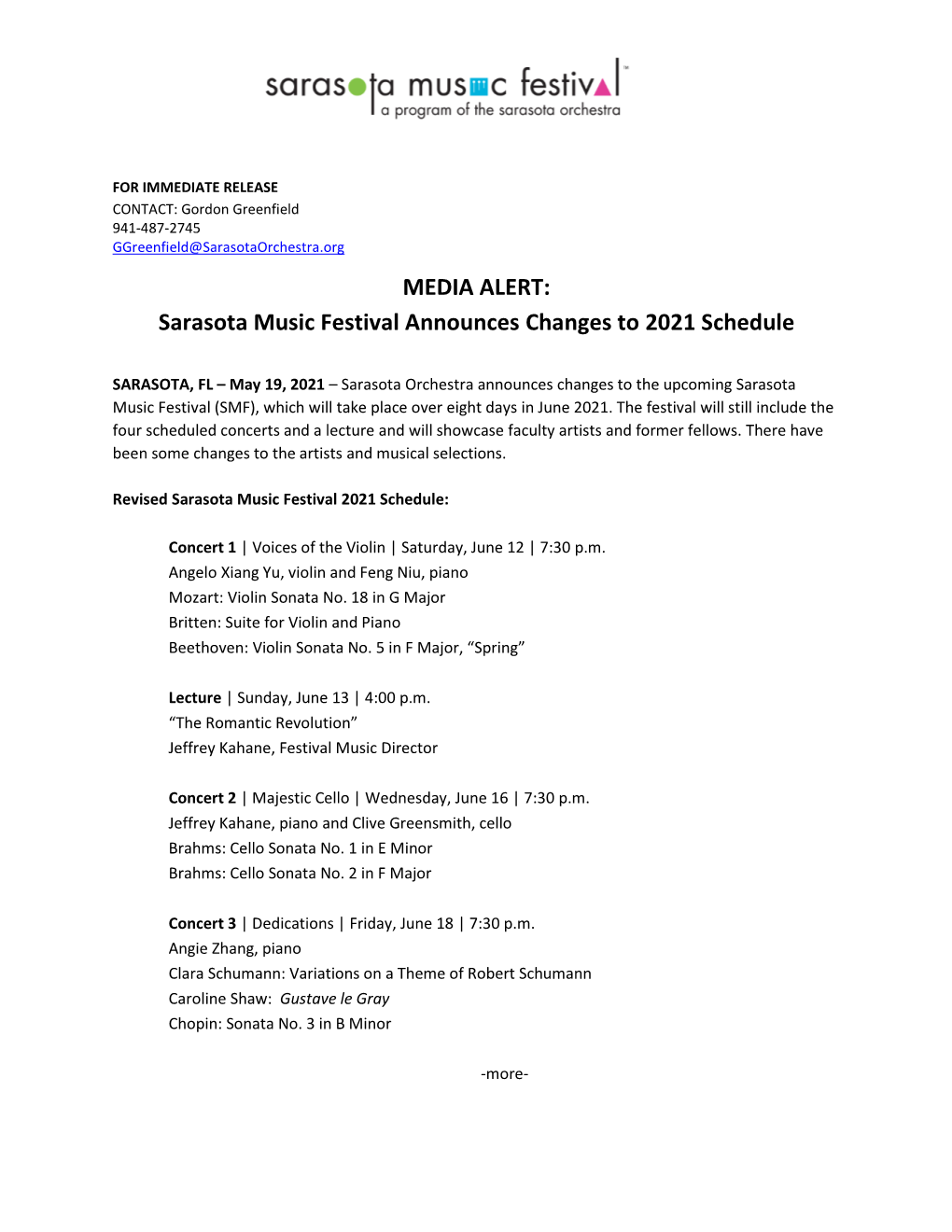 Sarasota Music Festival Announces Changes to 2021 Schedule