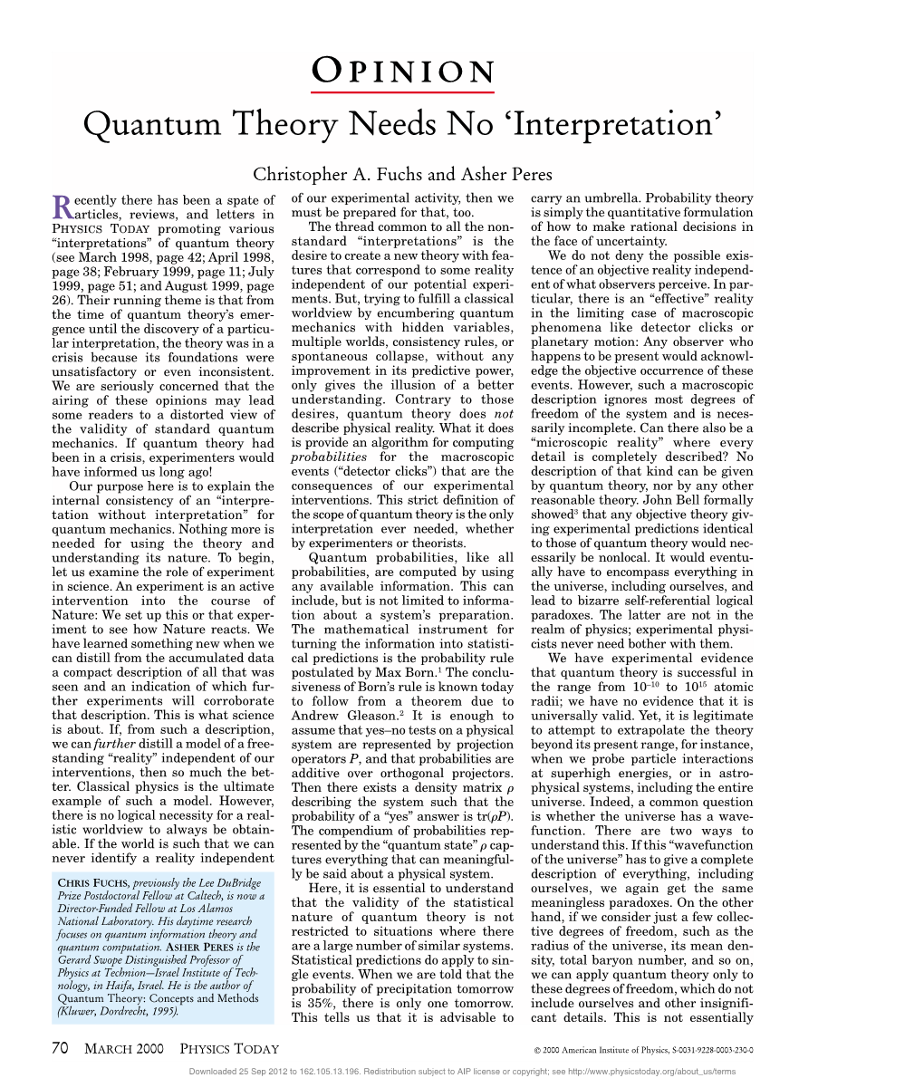 Quantum Theory Needs No 'Interpretation'