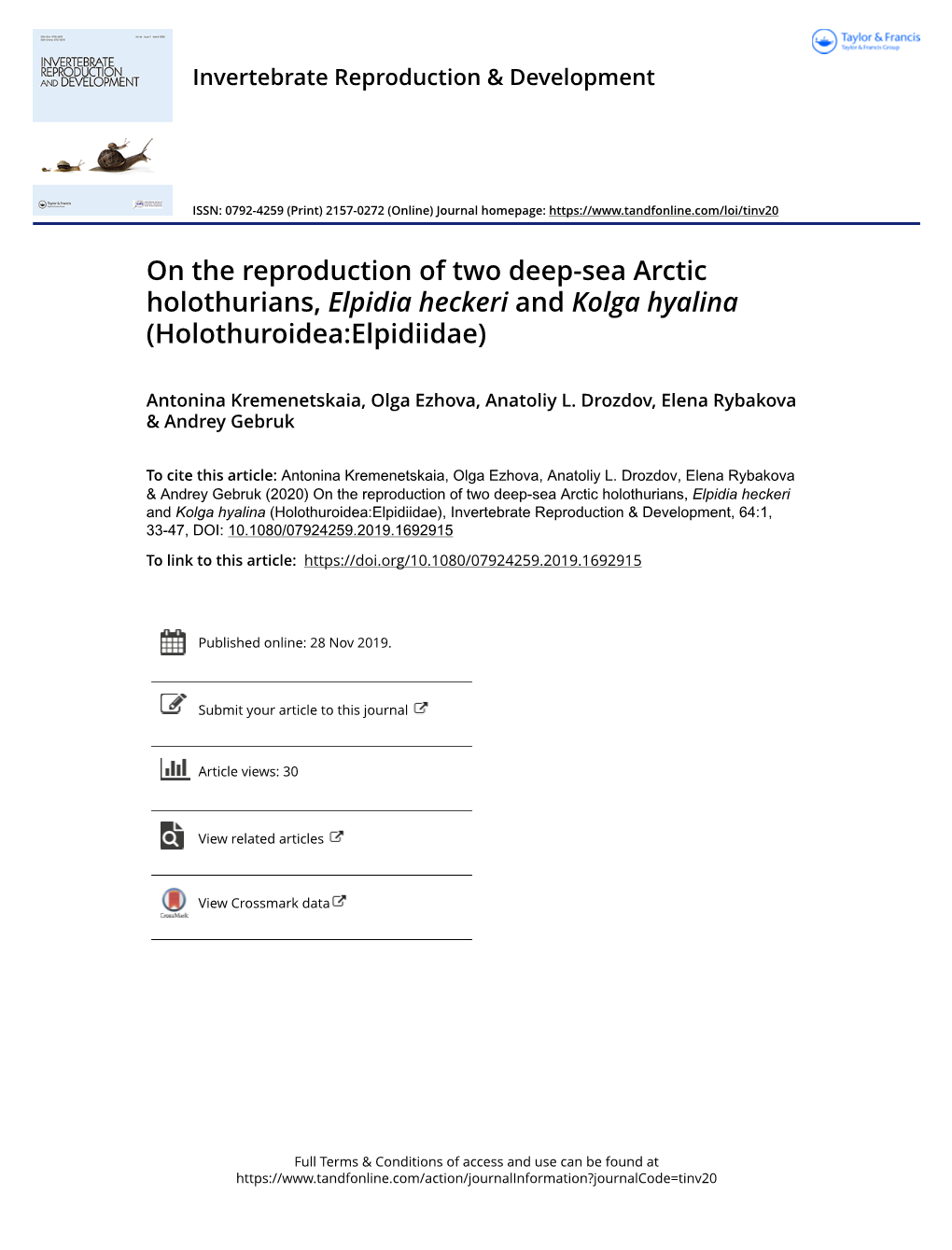 On the Reproduction of Two Deep-Sea Arctic Holothurians, Elpidia Heckeri and Kolga Hyalina (Holothuroidea:Elpidiidae)