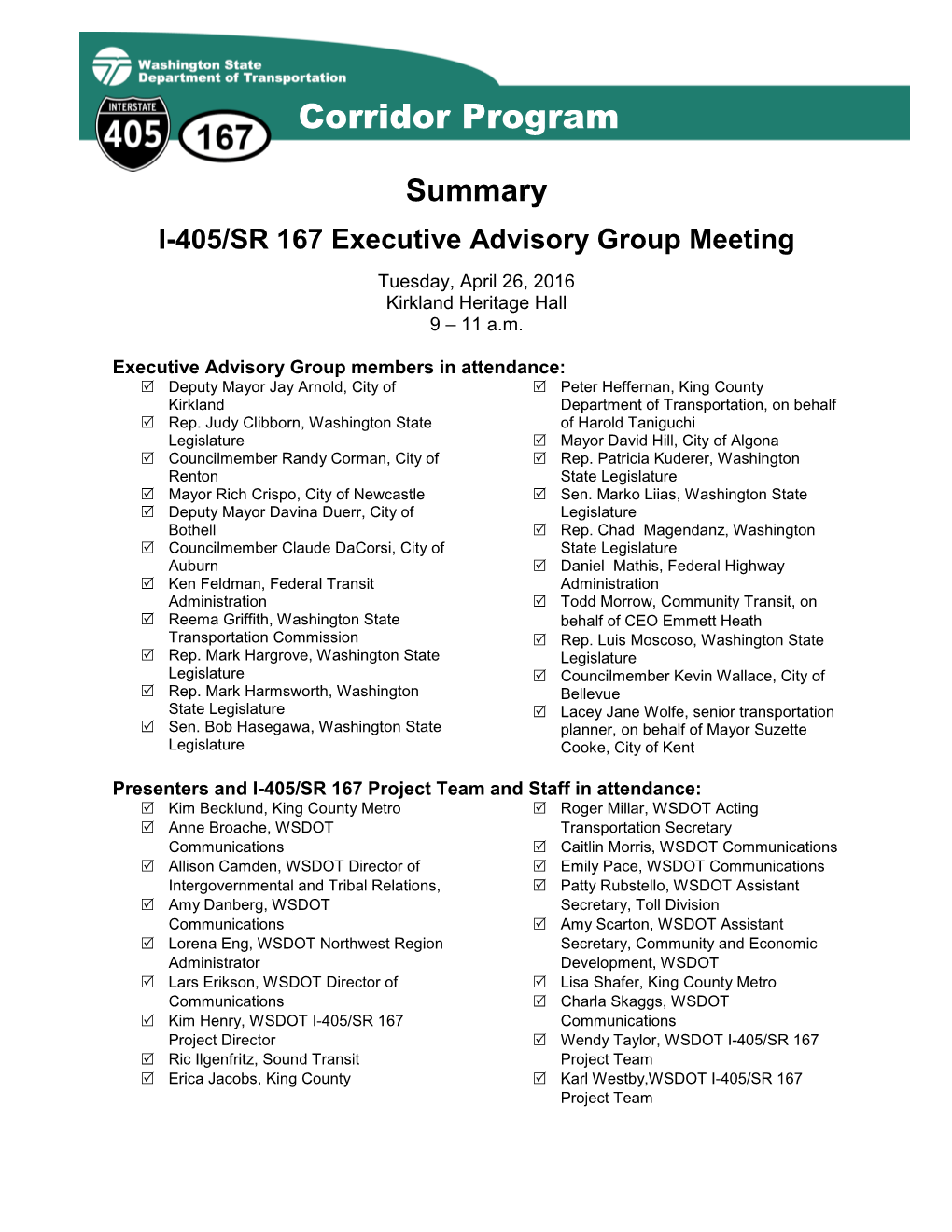 I-405 Executive Advisory Group Meeting Summary