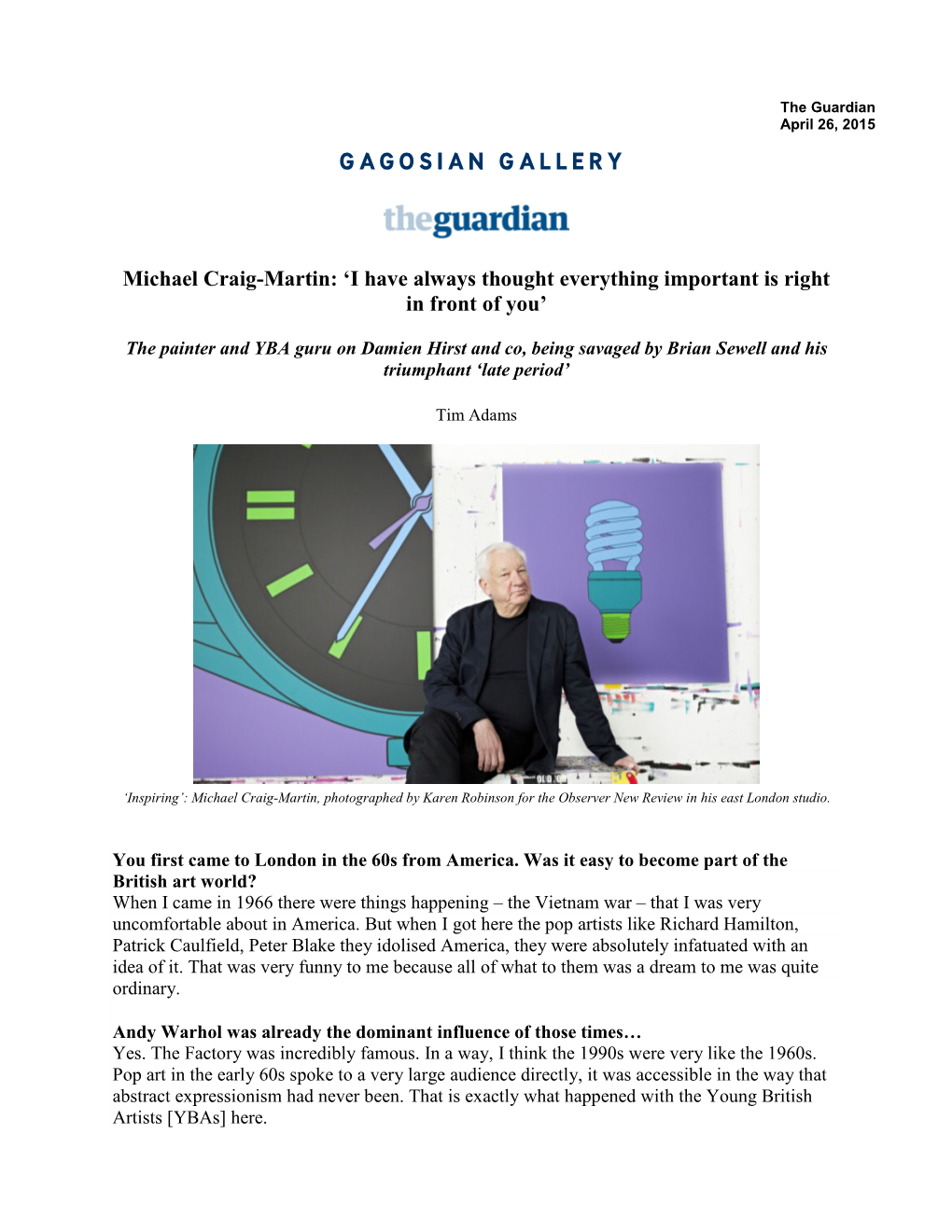 Michael Craig-Martin: ‘I Have Always Thought Everything Important Is Right in Front of You’